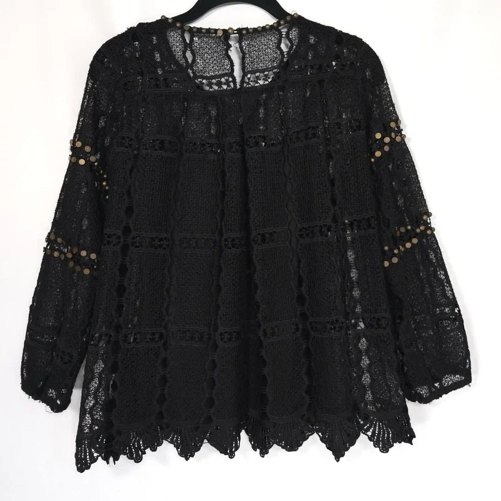 Anthropologie Maeve Top Size XS Auralis‎ Black Lace Eyelet Studded Beaded Sheer